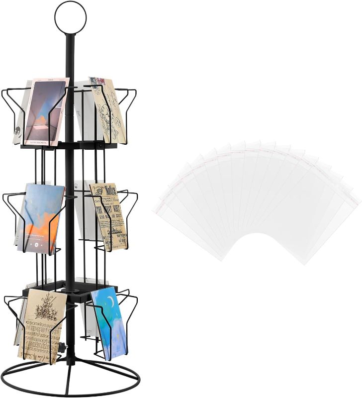 Photo 1 of 12 Pockets Countertop Rotating Greeting Card Rack with 200 Clear Resealable Polypropylene Bags 3 Tier Metal Display Stand Spinning Floor Stand Pocket Rotating Holder for Stickers Showcase (Black)
