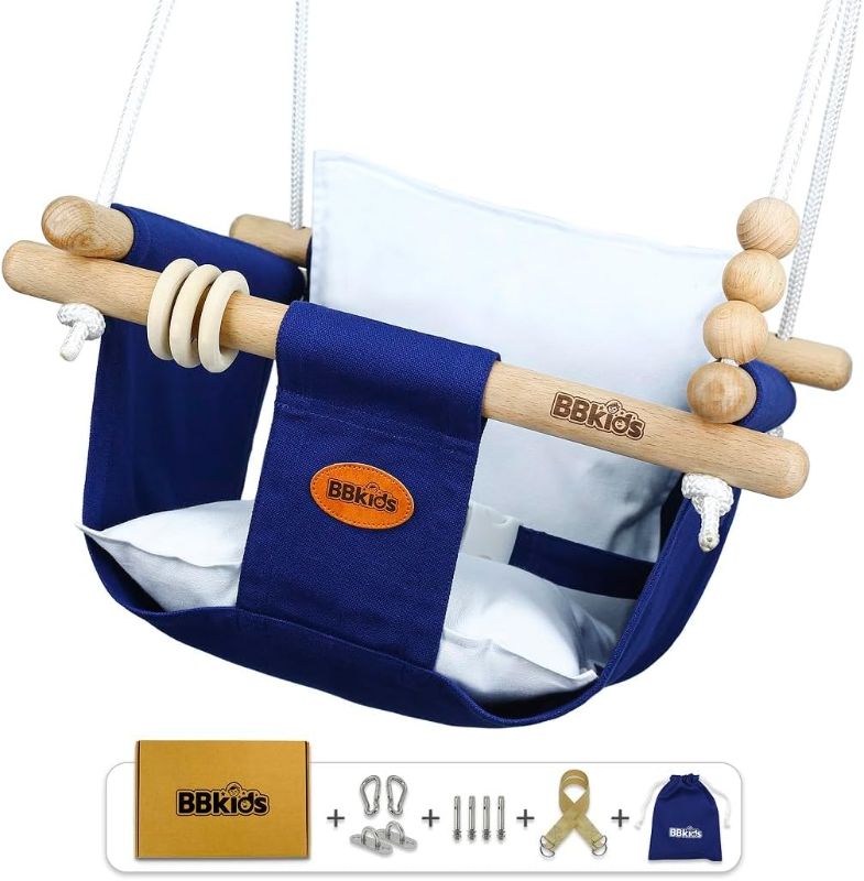 Photo 1 of Indoor Baby Swing, Canvas Baby Swing, Wooden Hammock Hanging Swing Seat Chair with Safety Belt, Outdoor Kids Toddler Baby Tree Swing, Full Set of Ceiling Screws. (Navy and White)
