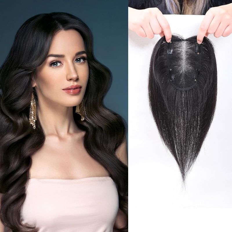 Photo 1 of Hair Toppers for Women Real Human Hair Large Handmade Swiss Base Hair Topper Black Human Hair Toppers for Women Wiglets Hairpieces for Thinning Hair Hair Loss 10 Inch (Near Black)
