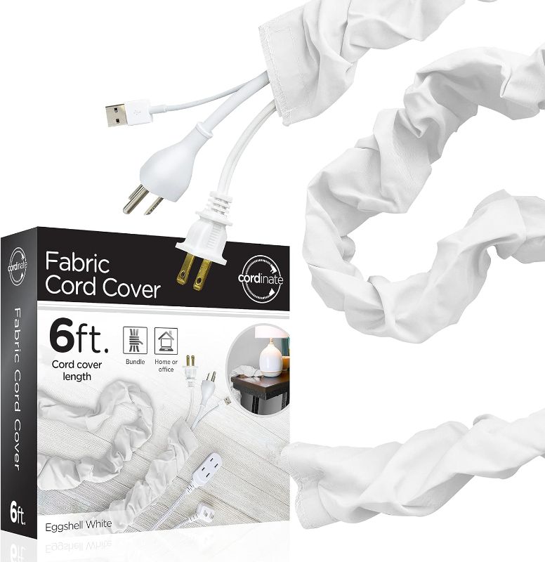 Photo 1 of Cordinate Fabric Cord Cover, 6 ft, Hides Cables, Great for Lamps, Light Fixtures, and Desks, Cable Management, Easy Installation, Eggshell White, 40723 Cord Cover White 1 Pack