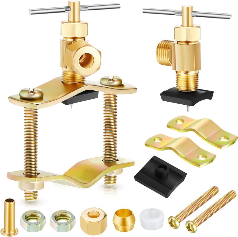 Photo 1 of 2 Pcs Brass Self Piercing Saddle Valve Copper Self Tapping Valve with 1/4 Inch Compression Outlet for 3/8 to 1-5/16 Inch Water Pipe Supply
