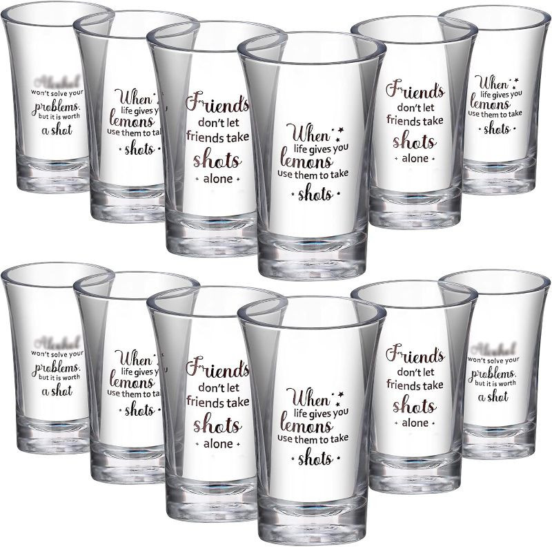 Photo 1 of 12 Packs Acrylic Clear Party Shot Glasses Random Set 1.2 Ounce Shot Glasses Funny Friends Shot Glasses Acrylic Shot Glasses for Adult Small Glass Shot Cups (Friend Style)
