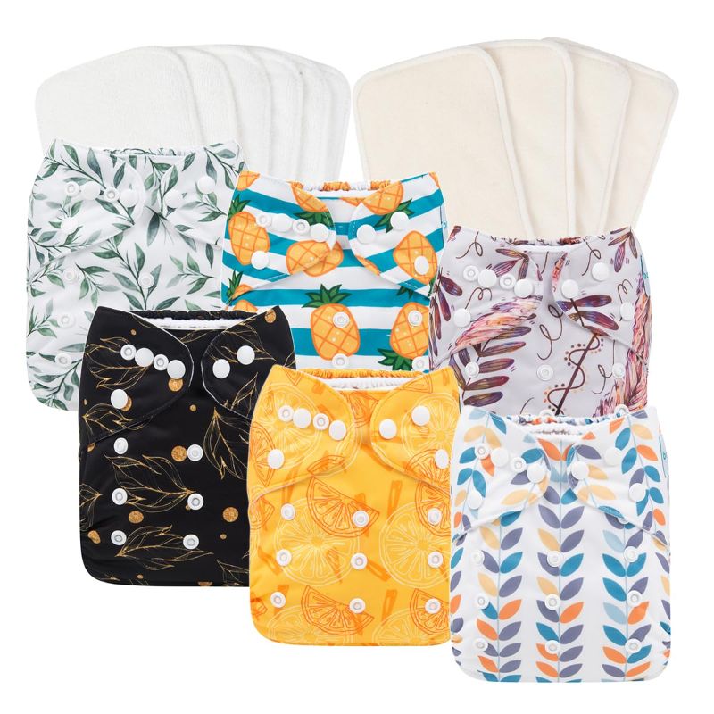 Photo 1 of Babygoal Reusable Neutral Cloth Diapers 6 Pack with 10pcs Inserts, One Size Adjustable Washable Pocket Nappy Covers for Baby Boys and Girls 6FN06

