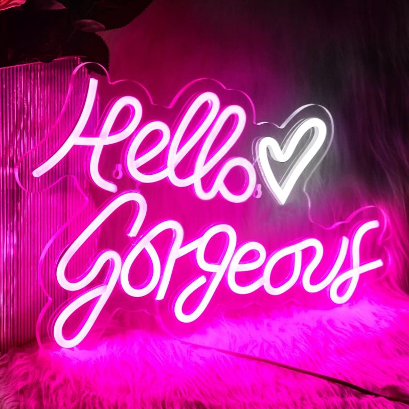 Photo 1 of ineonlife Pink Hello Gorgeous Neon Signs, LED Light Up Sign for Cute Girls Bedroom Room Wall Decor for Bachelorette Birthday Engagement Party Wedding Decoration with Switch (16.5"X10" / USB POWER)
