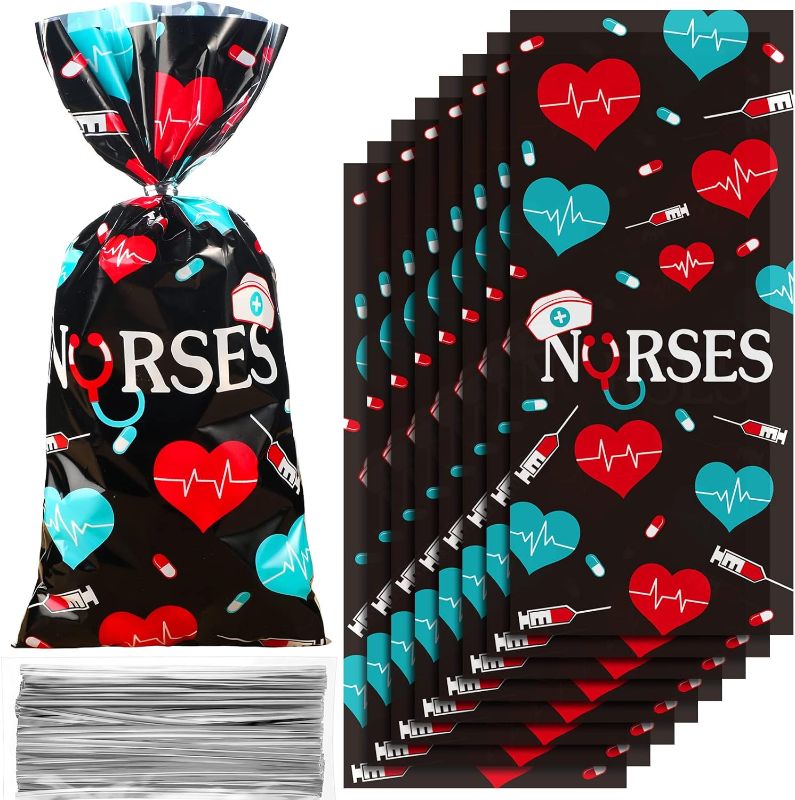 Photo 1 of 100 Pack Nurses Week Gift Bags Bulk Nursing Candy Bags Goody Bags Medical Gift Bag Treat Bags for National Nurse Day, Nursing Graduation Congrats, Nurse Doctor Theme Party Favors Supplies (Black)