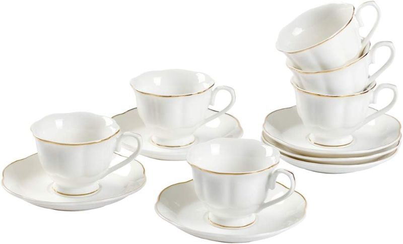 Photo 1 of 12 PCS White Tea Set-Fine Porcelain Tea Cup and Saucer set of 6 with Gold Line Handle for Tea Party