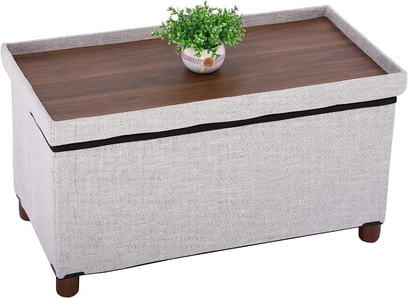 Photo 1 of 30 Inches Storage Ottoman Bench with Wooden Legs for Living Room, Folding Foot Rest Removeable Lid for Bedroom End of Bed, Linen Fabric, White