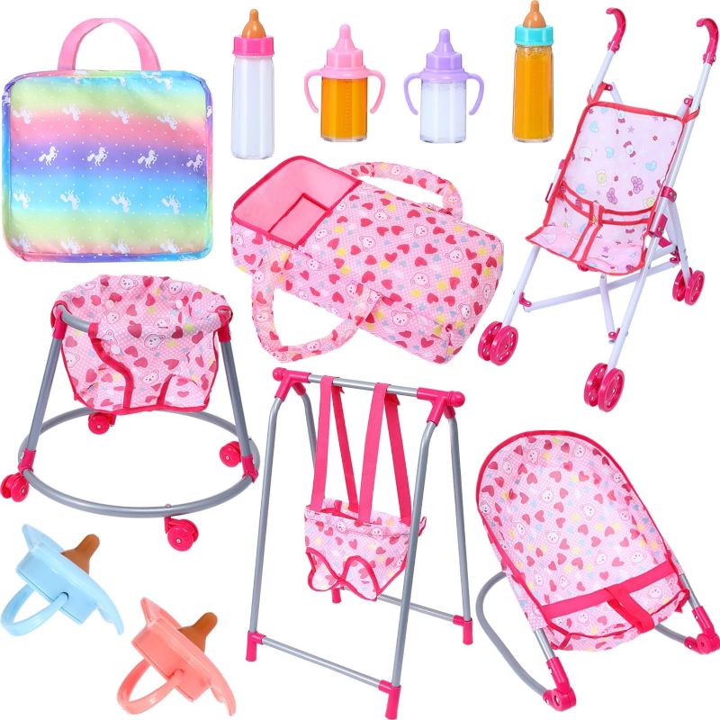 Photo 1 of 12 Pcs Baby Doll Accessories Set Baby Doll Stroller Crib Bouncer Seat Walkers Handbags Swing Doll Magic Bottle Set Disappearing Magic Bottles Feeding Set Stuff for Girls Christmas Birthday Gift