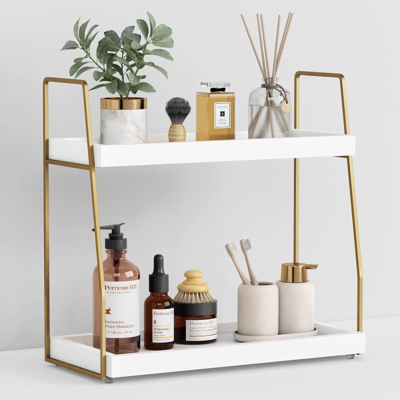 Photo 1 of Forbena Bathroom Organizer Countertop, Counter Organizer for Bathroom Decor, Wooden Sink Organizer Shelf for Vanity Storage, Organizer Tray for Makeup Bedroom Corner (2 Tier, White and Gold)