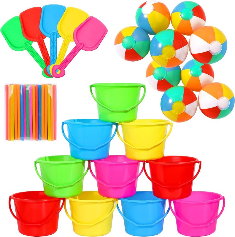 Photo 1 of 20 Set Beach Pail Sand Bucket and Sand Shovel Set for Kid, Include 20 Plastic Bucket 20 Beach Shovel 20 Inflatable Beach Ball 200 Plastic Straw for Summer Pool Water Birthday Party Supplies