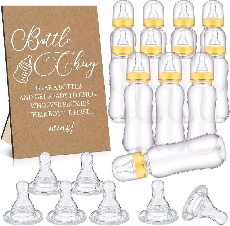 Photo 1 of Cool Baby Shower Games Wooden Bottle Chug Sign Rustic Theme Baby Gift Sets and 12 Pcs Baby Bottle Shower Favor Baby Bottles for Rustic Kraft Baby Shower Games Gender Reveal (Rustic Kraft)