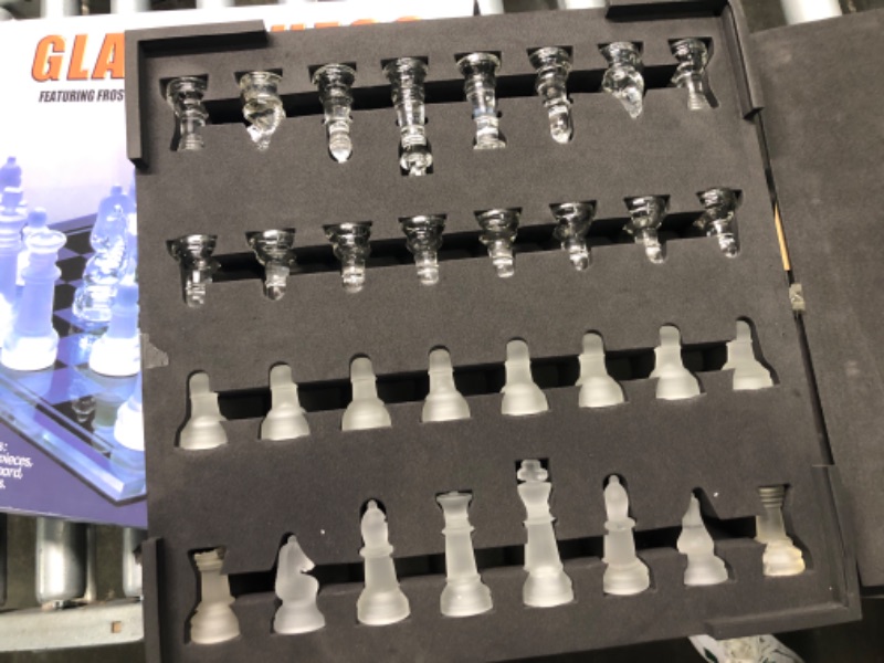 Photo 1 of 14 Inche Glass Chess Set Glass Board with Frosted and Clear Pieces Felted Bottom for Adult and Teens