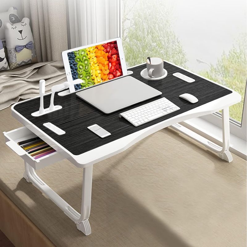 Photo 1 of Laptop Bed Table, Laptop Desk for Bed, Foldable Laptop Bed Desk with USB Charge Port, Handle, Desktop Card Slot, Cup Slot, Side Drawer, Portable Laptop Table for Bed Eating Reading Working(Black)
