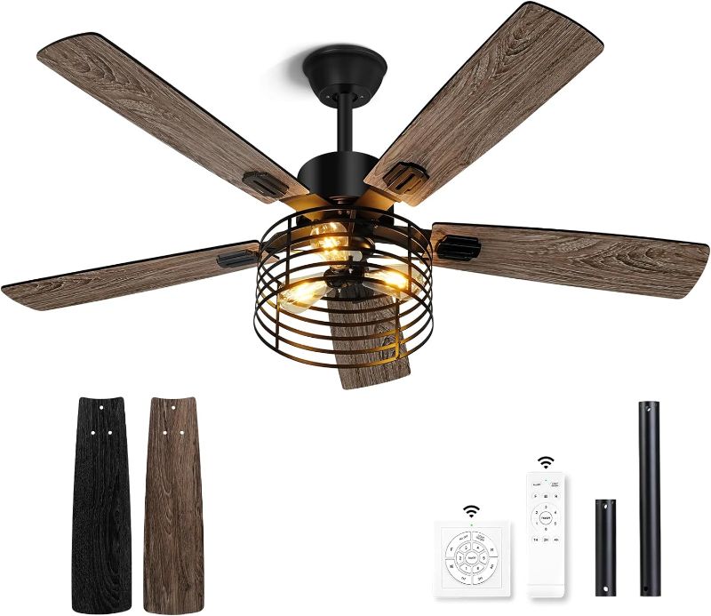 Photo 1 of Dannilong Farmhouse Ceiling Fan with Light and Remote 42" Rustic Flush Mount Ceiling Fans 5 Dual Finish Blades Carnegie Industrial Fandelier for Living room Bedroom Patio E26 42"cage farmhouse ceiling fan with light