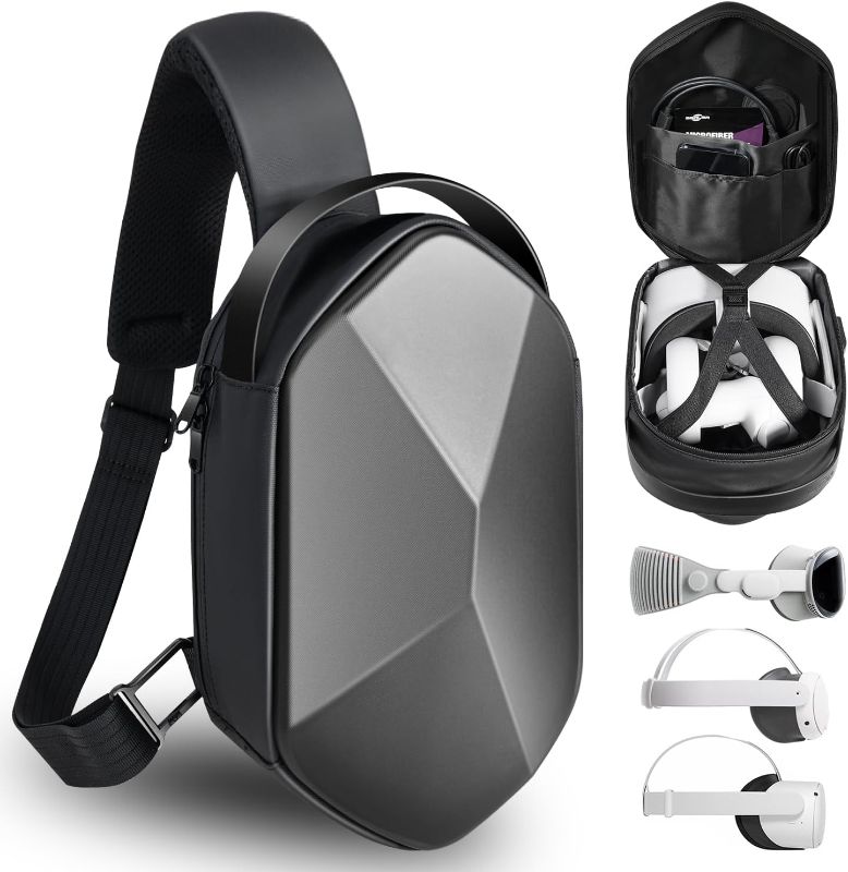 Photo 1 of Carrying Travel Case for Oculus Meta Quest 2, Quest 3, Apple Vision Pro Accessories, Expandable Capacity Fixed Storage Controllers and Head Strap and All, Crossbody Sling Backpack
