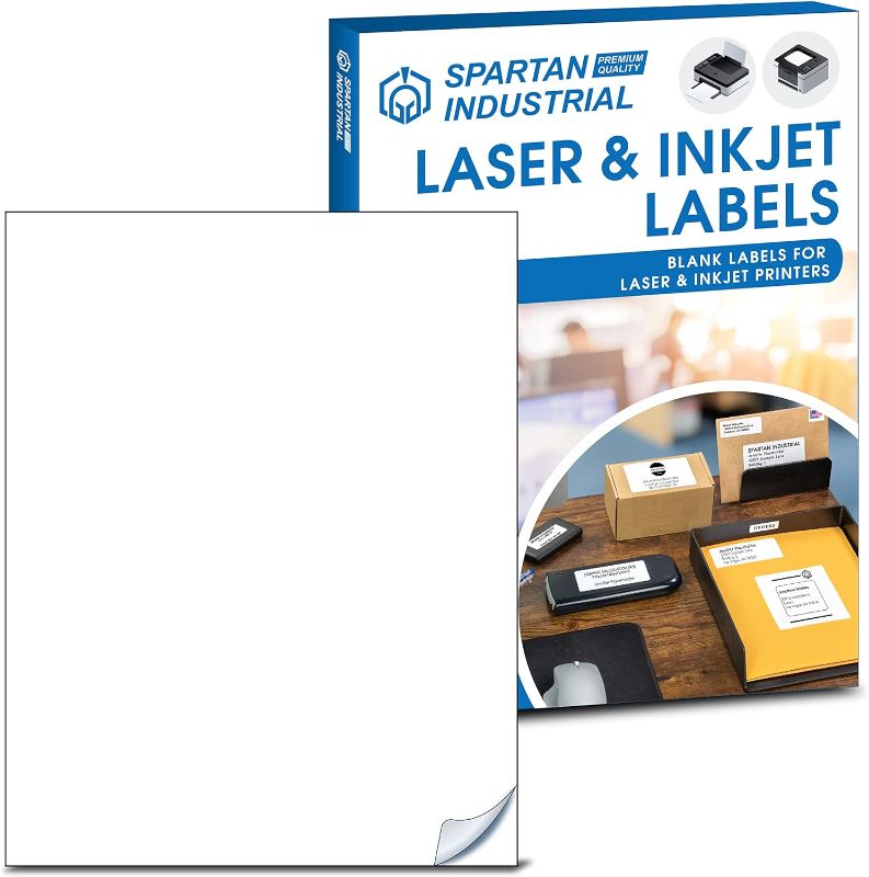 Photo 1 of Spartan Industrial Printable Laser Inkjet Labels - 8.5" X 11" - White, 250 Sheets, 250 Total Labels | Multipurpose Label Ideal for DIY Sticker Sheets, Craft Making, Full Page Shipping Labels and More