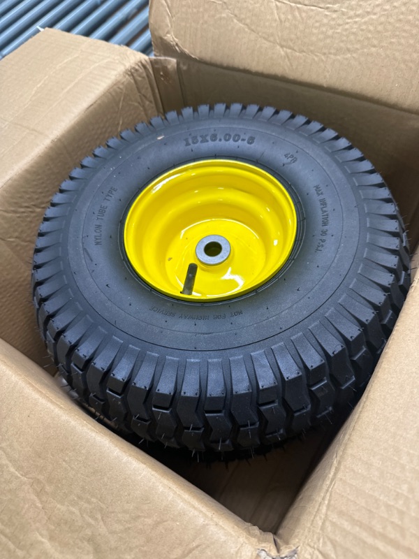 Photo 3 of (2 Pack) 15 x 6.00-6 Front Tire and Wheel Set - 4-Ply Replacement Tires with Wheels Assemblies for John Deere Riding Mower - for Lawn Tractors with 3" Centered Hub and 3/4" Bushings, Yellow