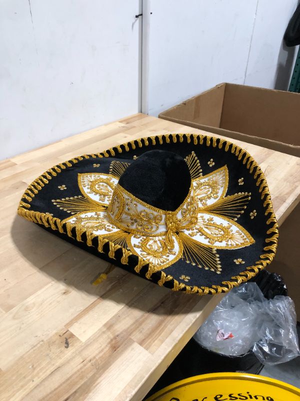 Photo 3 of Authentic Adult Mexican Sombrero Mariachi Charro Hat, Mexican Hat for Costume Parties, 5 de Mayo, 16 de Septiembre Black and Gold Embroider