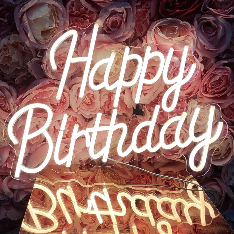 Photo 1 of Decorative Signage - Happy Birthday Neon Sign, Acrylic, 17.0 inches x 11.8 inches, Warm White, Modern Style, Wall Mount, 9-Mode Dimmable LED Sign for Background Decoration
