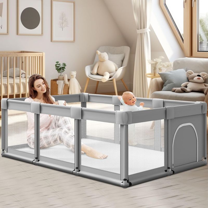 Photo 1 of Baby Playpen with Gate, 74''x50'' Large Playpen for Babies and Toddlers, Indoor Active Center, Foldable Baby Playard Play Pen Fence, with Soft Breathable Mesh Grey, 74×50 in
