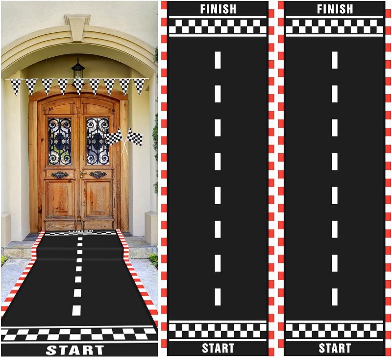 Photo 1 of 10 Feet Long Racetrack Floor Running Racer Party Decoration Mat Fold Race Tracks Decor Running Mat Drag Car Racer Party Supplies for Road Racing Car Theme Birthday Sport Games, 2 Feet Wide(2 Pcs)
