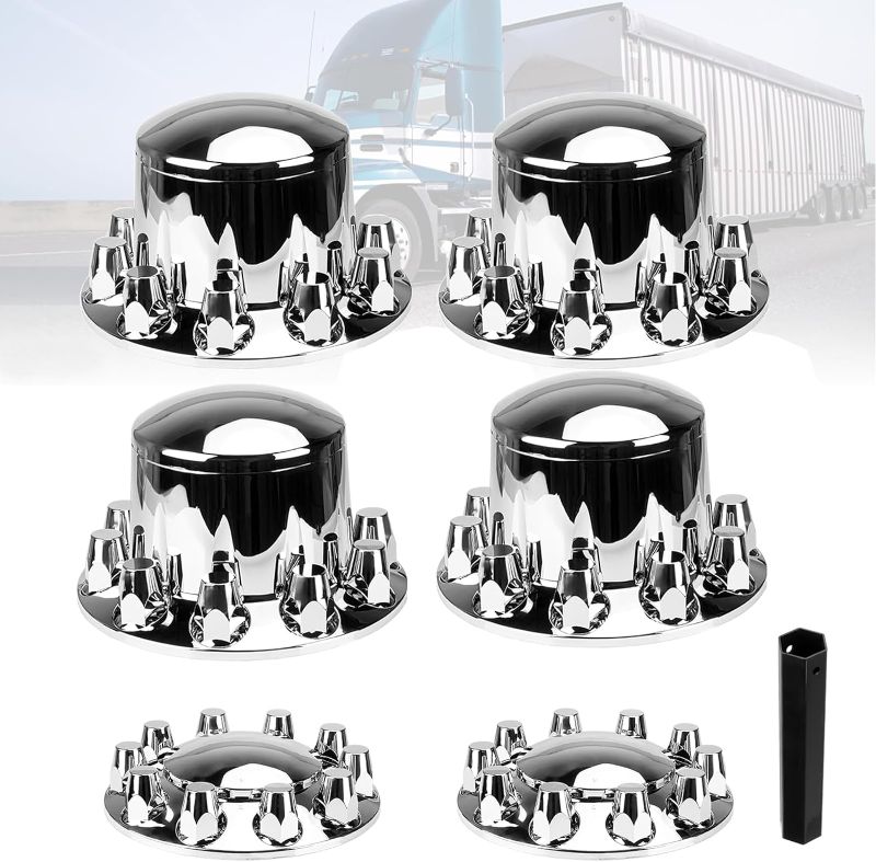 Photo 1 of 2 Front and 4 Rear Axle Wheel Covers Axle Cover 33mm Chromed Thread-On Lug Nut Covers with Removable Hub Caps for Semi Truck (Installation Tool Included)