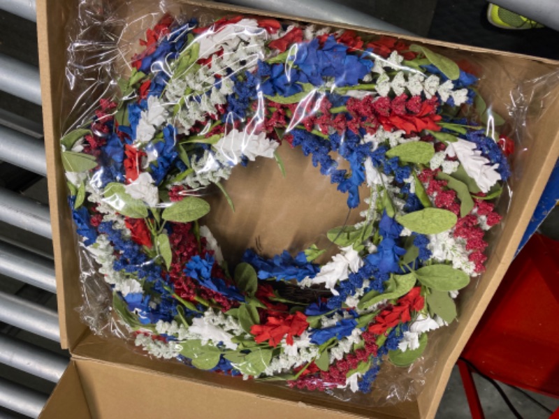 Photo 3 of 18 Inch Patriotic Day Wreath for Front Door, Red Blue White Flowers Green Leaves Wreath for Inside and Outside, Decorations for Memorial Day Independence Day Veterans Day Front Door Wall