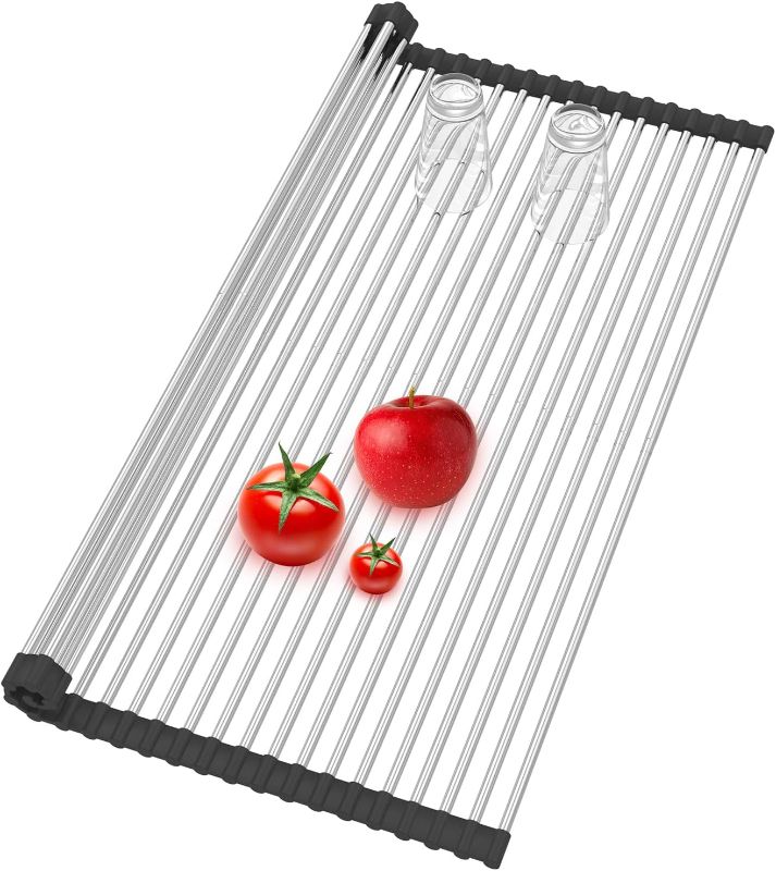 Photo 1 of BBXTYLY Extra Large Expandable Roll Up Dish Drying Rack,Over The Sink Drying Rack Sink Cover Kitchen Sink Accessories Kitchen Rolling up Stainless Steel Drainer, Foldable,Rollable?Black?25.1''-17.3''?