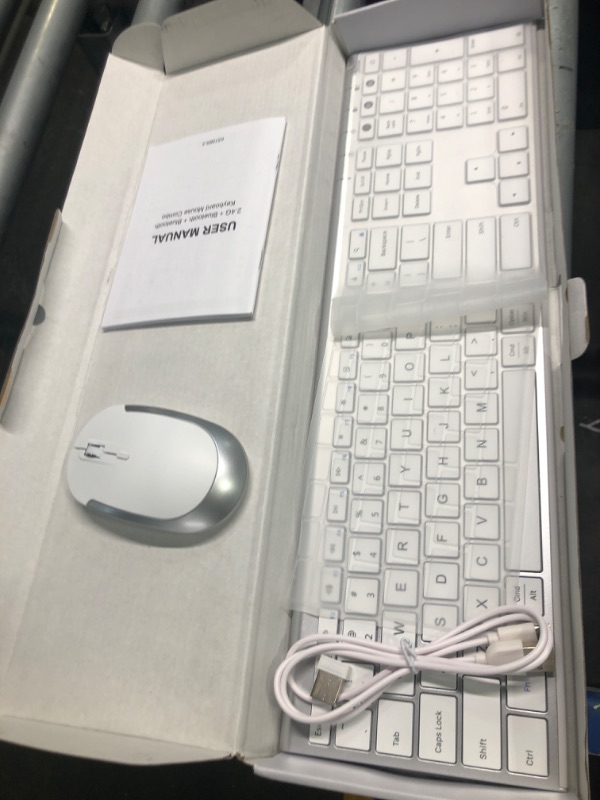 Photo 1 of Bluetooth Keyboard Mouse, Multi-Device Wireless Keyboard and Mouse Combo, Dual-Mode(Bluetooth + Bluetooth + USB), Ultra Slim, Rechargeable, for Windows/Mac OS (White and Silver)