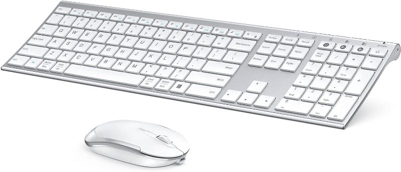 Photo 1 of Bluetooth Keyboard Mouse, Multi-Device Wireless Keyboard and Mouse Combo, Dual-Mode(Bluetooth + Bluetooth + USB), Ultra Slim, Rechargeable, for Windows/Mac OS (White and Silver)