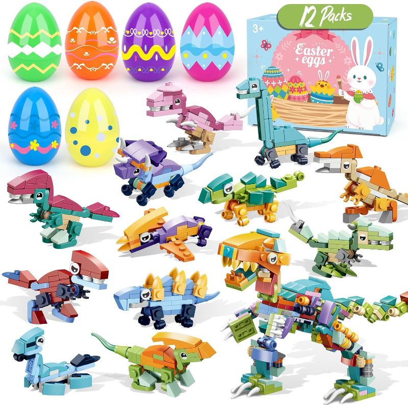 Photo 1 of 12 Pack Easter Eggs with Toys,Easter Basket Stuffers,Dinosaurs Building Blocks,Prefilled Plastic Easter Eggs Gifts for Boys,Party Favors for Kids Classroom,Toys for 3+ Years Old Boys