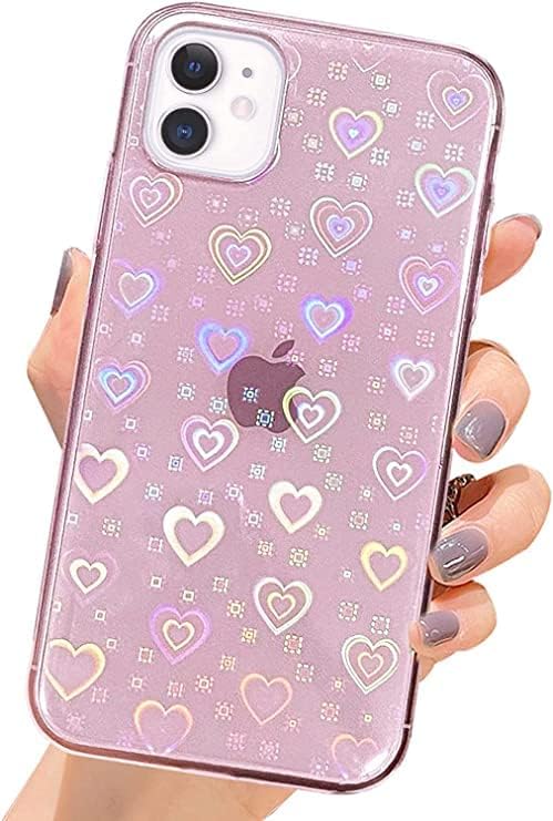 Photo 1 of SmoBea Compatible with iPhone 12 Case, iPhone 12 Pro Case, Holographic Laser Bling Heart Black Soft & Flexible TPU and Hard PC Shockproof Cover Women Girls Heart Pattern Phone Case (Heart/Clear) Heart / Pink iPhone 12