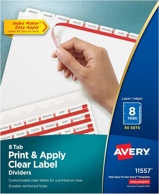 Photo 1 of Avery Index Maker Clear Label Dividers, 8.5 x 11 Inch, 8 Tab, White Tab, 50 Sets (11557)
