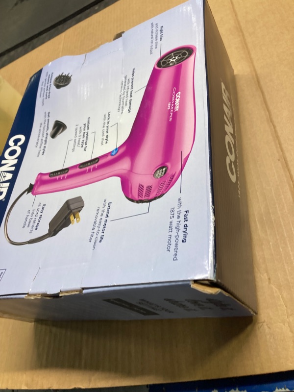 Photo 2 of *** MAJOR DAMAGED***
Conair Hair Dryer with Retractable Cord, 1875W Cord-Keeper Blow Dryer Pink