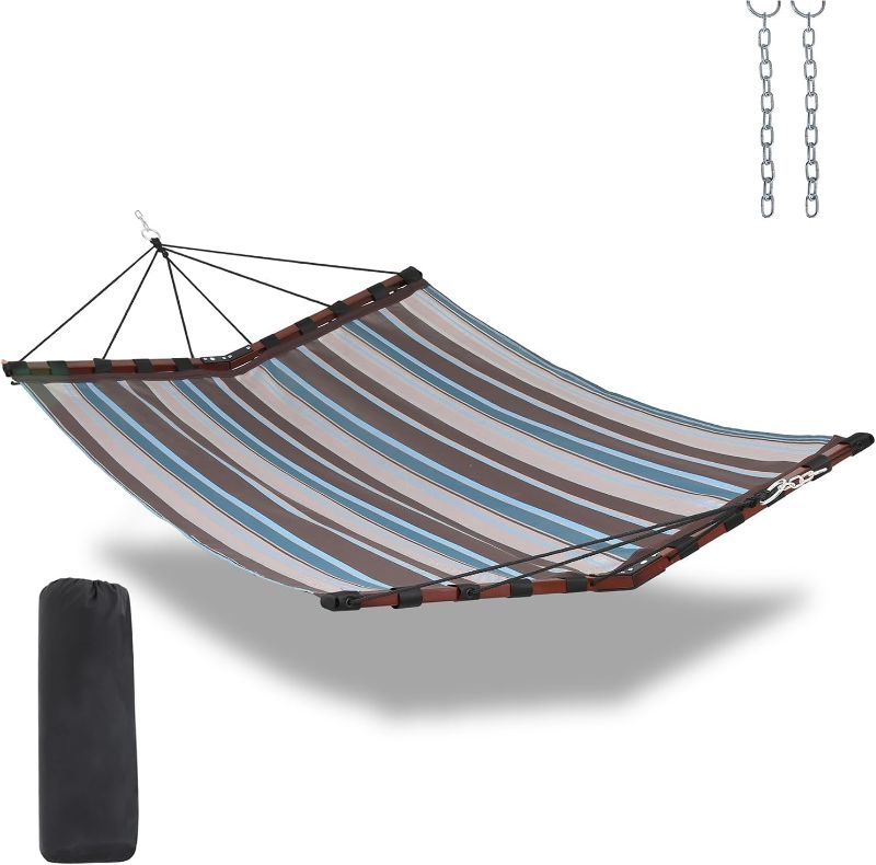 Photo 1 of 12FT 2 Person Hammock Large Hammock Quick Dry 450LB Capacity with V Shaped Hardwood Spreader Bar & Nylon Rope for Outside, Patio, Garden, Backyard, Beach, Poolside - Brown Stripes