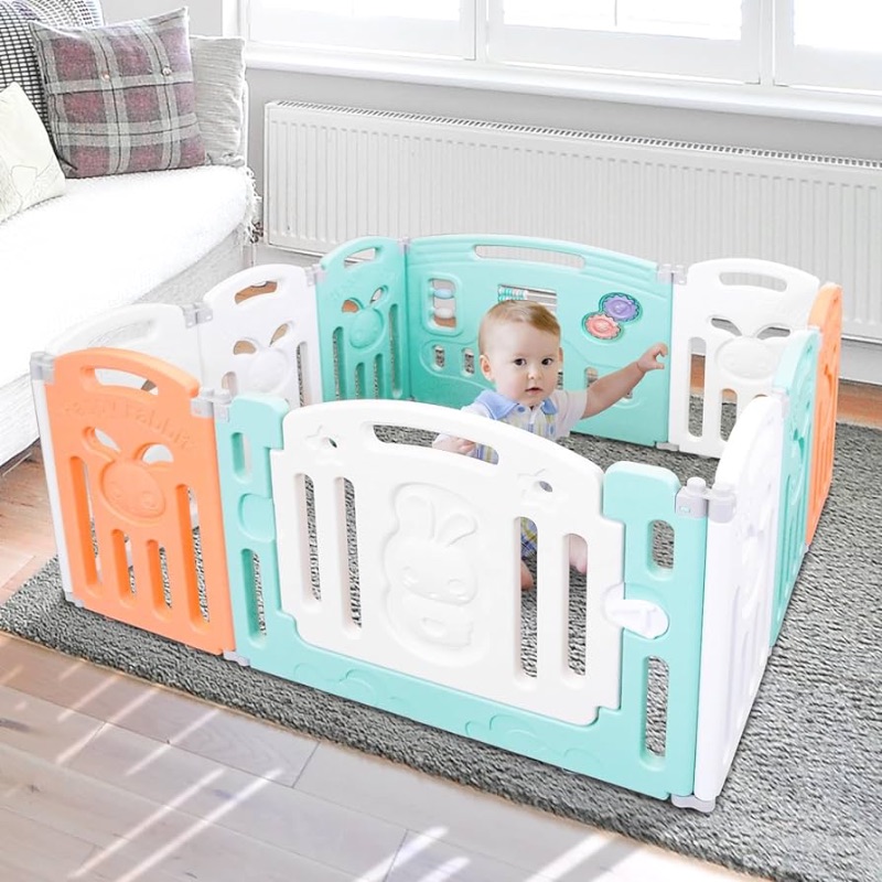 Photo 1 of Baby Palpen Plastic Foldable Game Fence, Baby Play Fence,Suitable for Infants and Toddlers, 60x60inch 42.3x42.3inch Easy to Assemble and Store (10 Panel - Blue + White + Orange) Toddler playpen