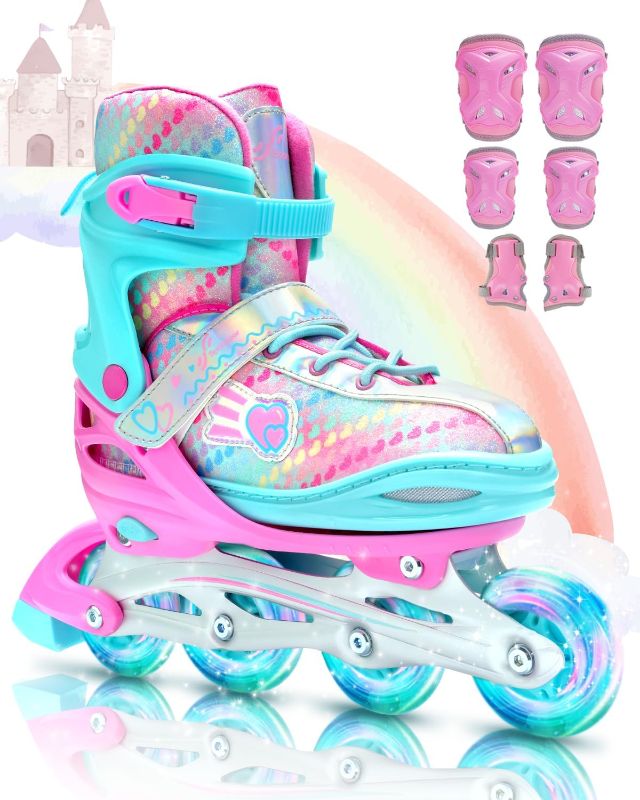 Photo 1 of 4 Adjustable Size Inline Skates for Girls, Sportneer Kids Inline Skates Light Up Girls Inline Roller Skates Illuminating Wheels for Kids Children Beginner Outdoor Size 38-41