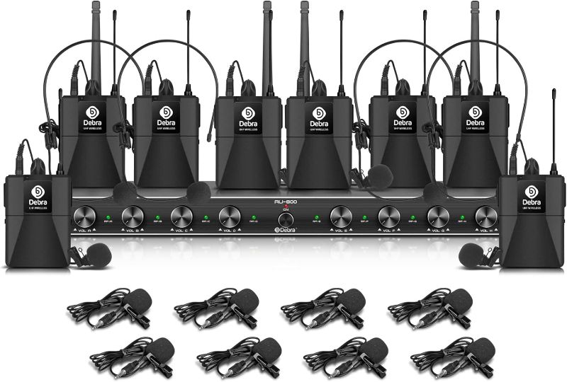 Photo 1 of D Debra Audio AU800 Pro UHF 8 Channel Wireless Microphone System with Cordless Handheld Lavalier Headset Mics, Metal Receiver, Ideal for Karaoke Church Party (8 Bodypack)