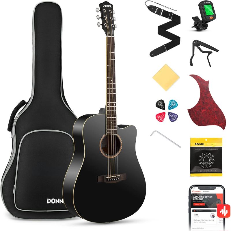 Photo 1 of ** HOLE IN THE SIDE** Donner Black Acoustic Guitar for Beginner Adult Full Size Cutaway Acustica Guitarra Bundle Kit with Free Online Lesson Gig Bag Strap Tuner Capo Pickguard Pick, Right Hand 41”, DAG-1CB/DAD-160CD Black Cutaway