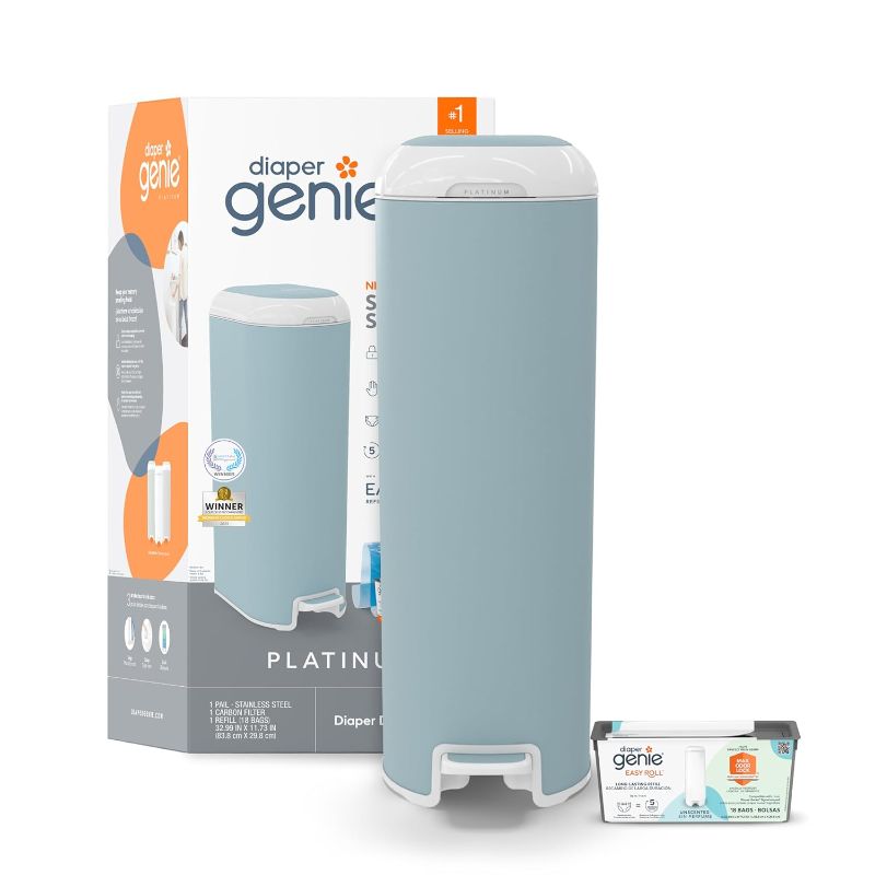 Photo 1 of Diaper Genie Select Pail (Blue) is Made of Durable Stainless Steel and Includes 1 Starter Square Refill That can Hold up to 165 Newborn-Sized Diapers.