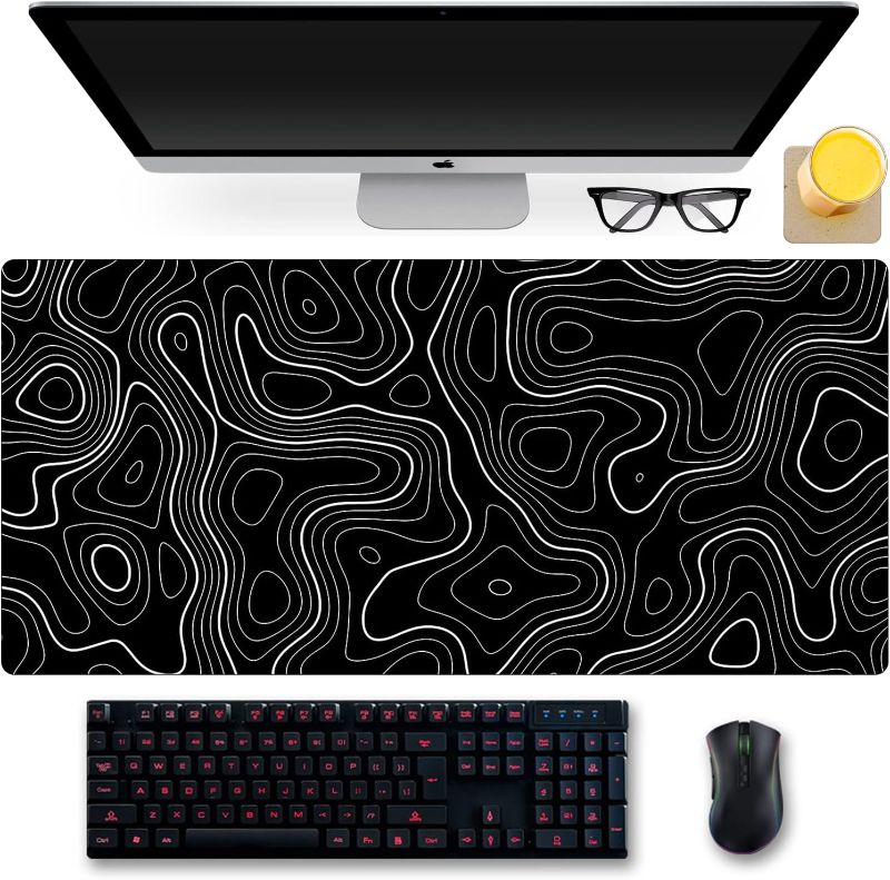 Photo 1 of Gaming Mouse Pad Topographic Contour Large Desk Mat Desk Pad for Keyboard and Mouse Mouse Mat for Office and Home Office Desk Accessories - 35.5"L*15.8"W Black and White