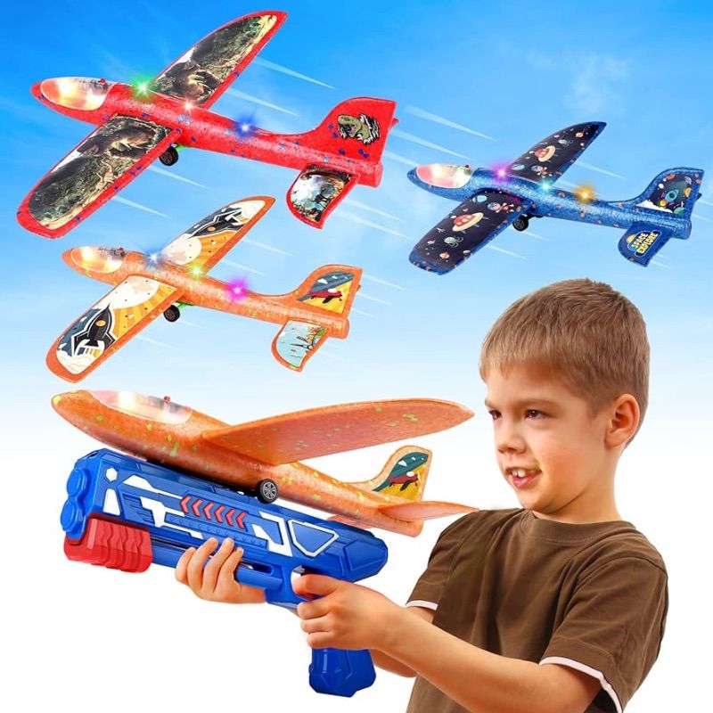 Photo 1 of 3 Pack Airplane Launcher Toy, 12.6" Foam Glider Led Plane, Catapult Plane Boy Toys with 3 DIY Stickers, Outdoor Sport Flying Toys for Kids Gifts for 4-12 Year Old Boys Girls