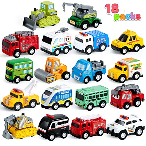 Photo 1 of 18 Piece Pull Back City Cars and Trucks Toy Vehicles Set Model Car Friction Powered Die-Cast Cars for Toddlers Boys Girls