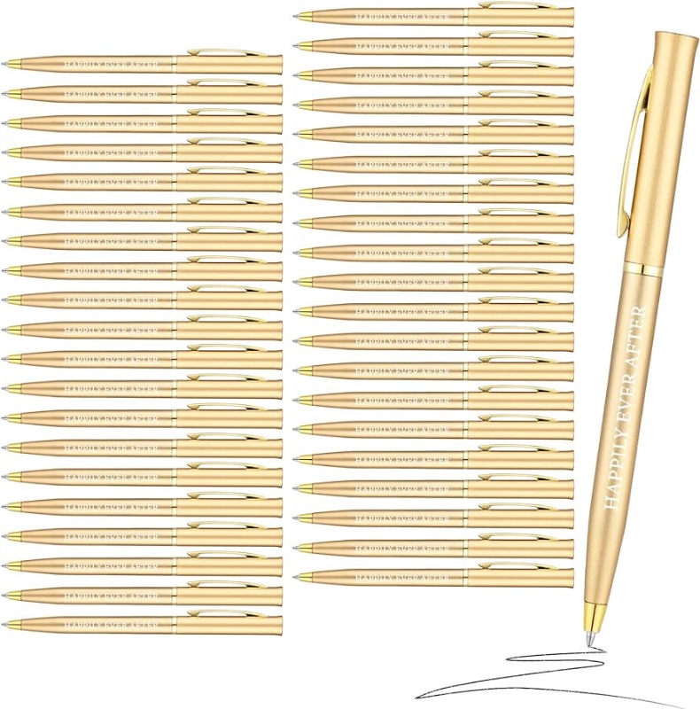 Photo 1 of 100 Pcs Wedding Pens Metal Slim Ballpoint Pens 1 mm Medium Point Metallic Retractable Pens Black Ink Fancy Wedding Pens for Bridal Shower Party Gift Guest Office Business Students Teachers (Gold)