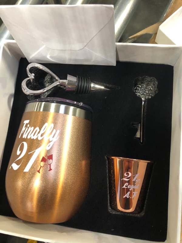 Photo 1 of 21st Birthday Gifts For Women, Funny Birthday Wine Gifts Ideas for Her, Friend, Daughter, Sister | Unique Finally 21 Stainless Steel Wine Tumbler Shot Glass Set For 21 Year Old