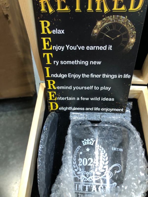 Photo 3 of 2024 Retirement Gifts for Men,2024 The Legend Has Retired-Whiskey Glass Set in Gift Box,Happy Retirement Gifts for Him,Dad,Friends- Happy Retire Anniversary Card&Wood Box & Whiskey Stones & Coaster Whiskey Glass Box 2024