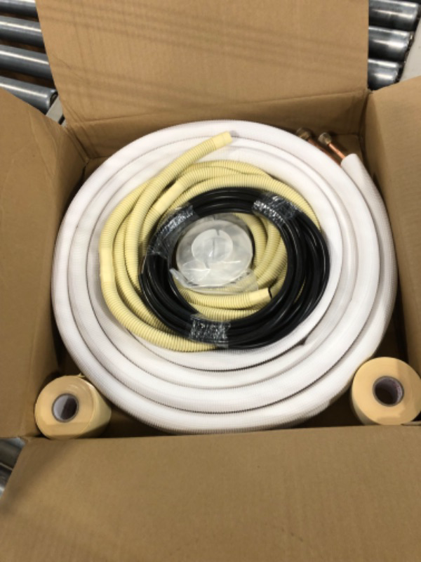 Photo 2 of 16ft Length Mini Split Line Set,1/4" 3/8" OD Copper Pipes Tubing and 3/8 White PE Thickened Insulated Coil with Flared Nuts for Mini Split Air Conditioner HVAC or Heat Pump System. (16Ft(1/4+3/8))