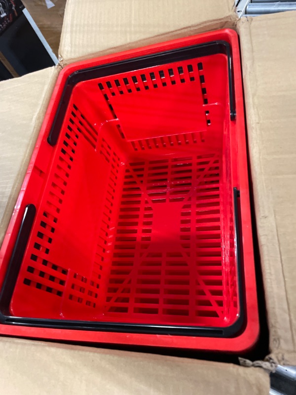 Photo 2 of 12 Pcs Shopping Baskets 20 L Plastic Shopping Baskets with Handles 16.9 * 11.8 * 9.1 Inches Store Baskets Retail Baskets with Handles for Market Grocery Supplies Thrift Convenience Storage (Red)