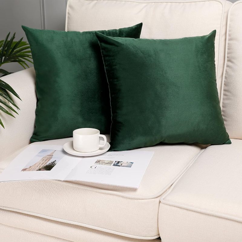 Photo 1 of 15 x 15 Set of 2 Velvet Lumbar Throw Pillow Covers Dark Green Soft Solid Decorative Cushion Cases Outdoor Home Decor for Furniture Bedroom Car Couch Chair Office Velvet: Dark Green 2 pieces,