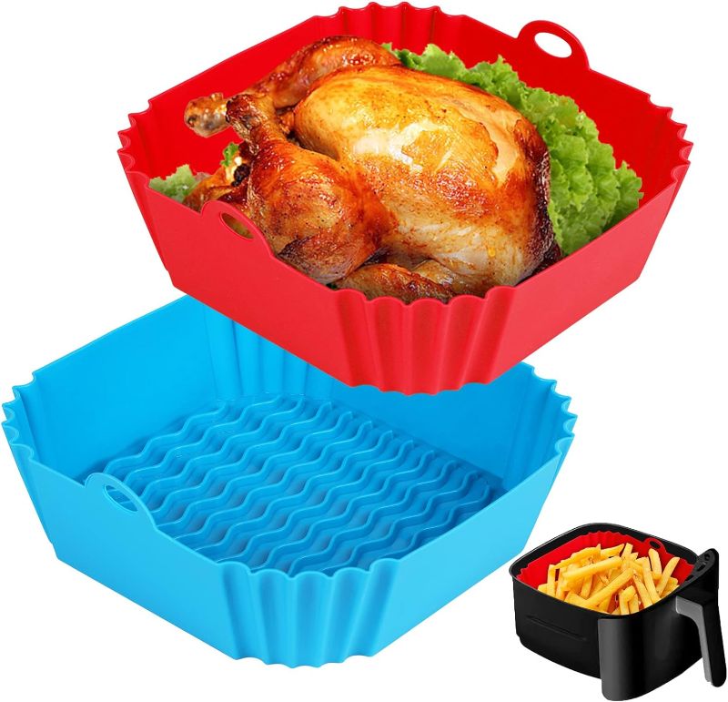 Photo 1 of 2 PCS Square Silicone Air Fryer Liners - 8 Inch Reusable Air Fryer Pot - Air Fryer Accessories - Air Fryer Inserts for 4 to 7 QT Oven Microwave Accessories (Red + Blue)